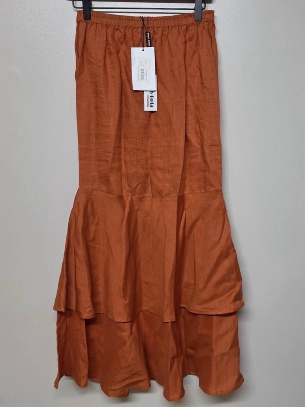 Simply Greta Linen Skirt M Burnt Orange‎ Tiered Midi Boho Elastic Waist NWT